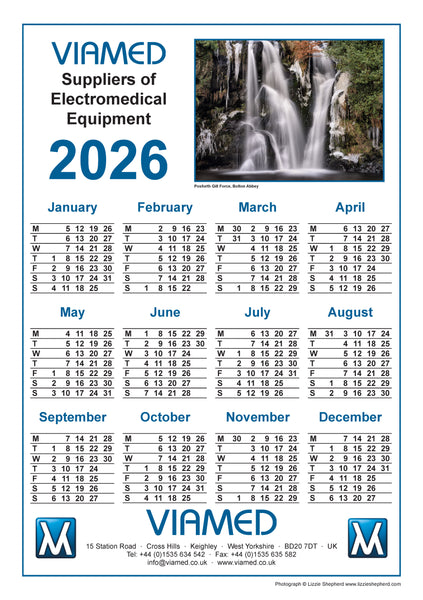 Calendar for 2026 with a waterfall image and VIAMED branding.